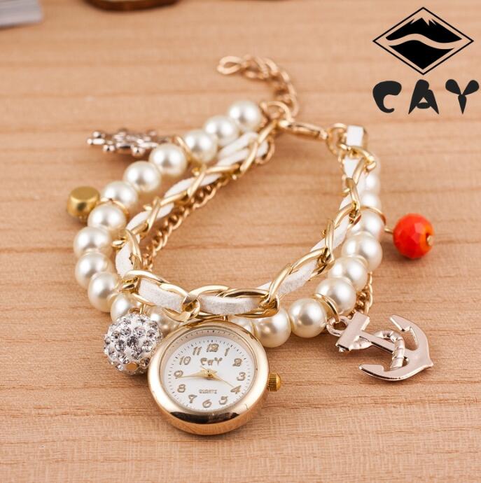 Pearl and Leather Anchor Bracelet Watch